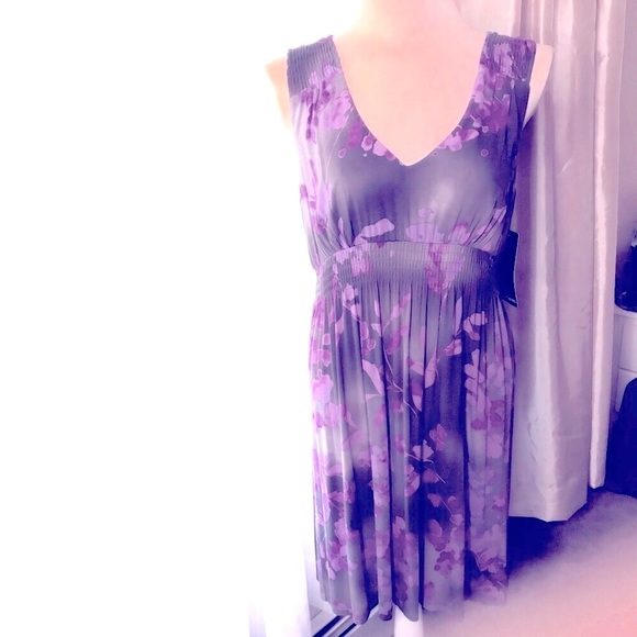 DAISY FUENTES Jet Set floral midi faeriecore retro print dress purple L NWT - Picture 3 of 8